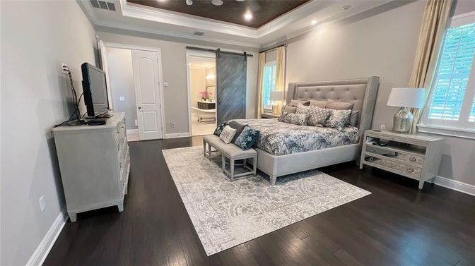 Bedroom, Interior, Recessed Lighting, Wood Texture Flooring