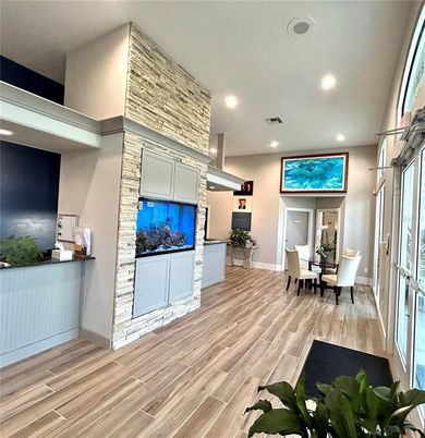 Dining room, Interior, Recessed Lighting, Stone Walls, Wood Texture Flooring