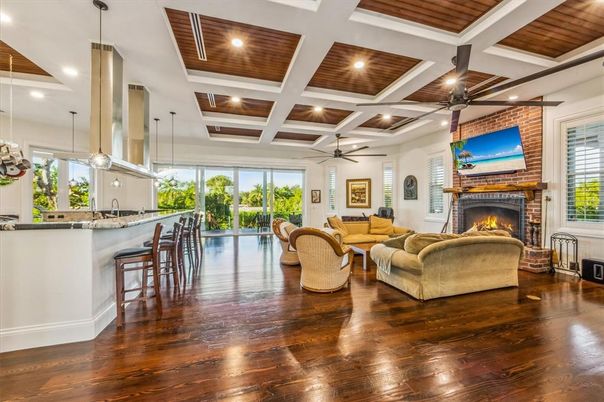 Fireplace, Interior, Living room, Pendant Lights, Recessed Lighting, Stone Walls, Wooden Ceilings, Wood Texture Flooring