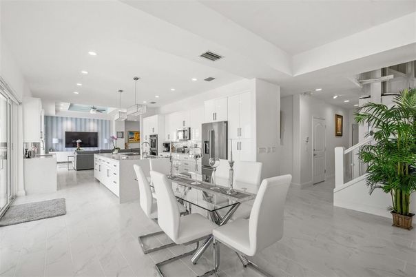 Dining room, Interior, Kitchen, Living room, Marble, Pendant Lights, Recessed Lighting, Stainless Steel Appliances