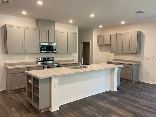 Interior, Kitchen, Recessed Lighting, Stainless Steel Appliances, Wood Texture Flooring