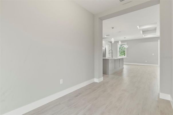 Empty room, Interior, Kitchen, Pendant Lights, Recessed Lighting, Wood Texture Flooring