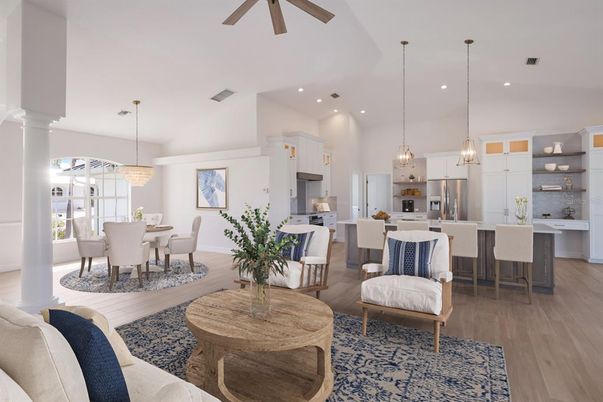 Chandelier, Dining room, Interior, Kitchen, Pendant Lights, Recessed Lighting, Stainless Steel Appliances, Wood Texture Flooring