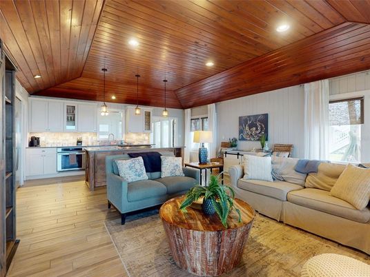 Interior, Kitchen, Living room, Pendant Lights, Recessed Lighting, Stainless Steel Appliances, Wooden Ceilings, Wood Texture Flooring