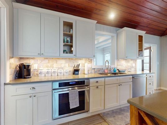 Interior, Kitchen, Recessed Lighting, Stainless Steel Appliances, Wooden Ceilings, Wood Texture Flooring