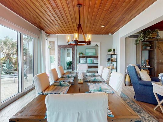 Dining room, Interior, Living room, Pendant Lights, Recessed Lighting, Wooden Ceilings, Wood Texture Flooring