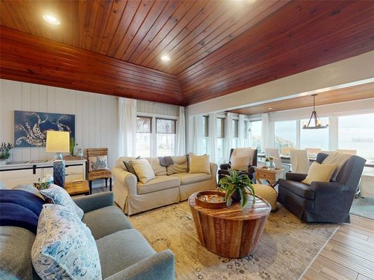 Dining room, Interior, Living room, Pendant Lights, Recessed Lighting, Wooden Ceilings, Wood Texture Flooring