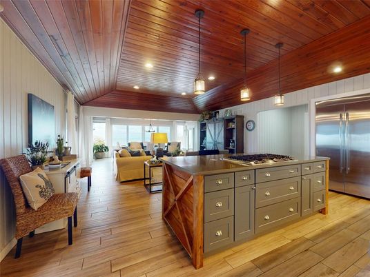Interior, Kitchen, Living room, Pendant Lights, Recessed Lighting, Stainless Steel Appliances, Wooden Ceilings, Wood Texture Flooring