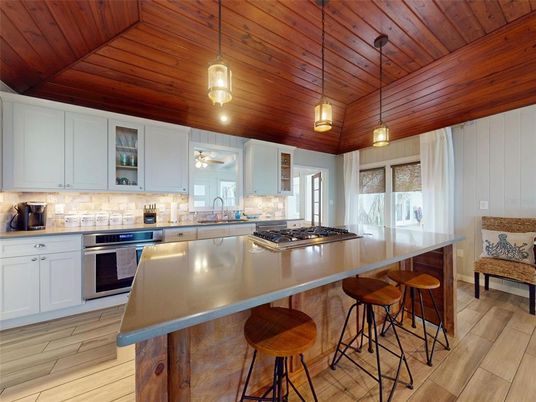 Interior, Kitchen, Pendant Lights, Stainless Steel Appliances, Wooden Ceilings, Wood Texture Flooring