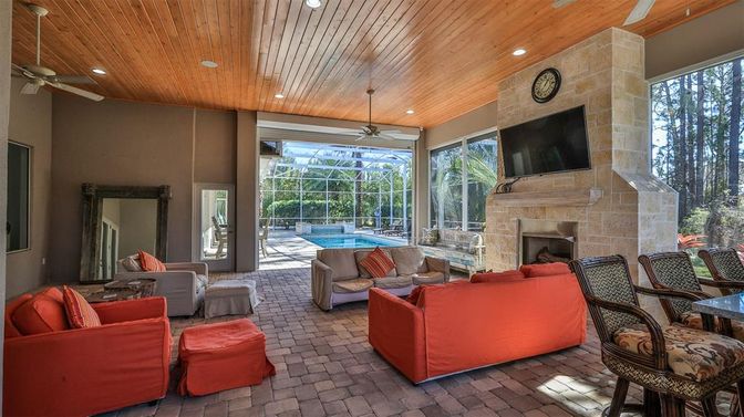 Fireplace, Interior, Living room, Recessed Lighting, Stone Walls, Sun Room, Wooden Ceilings