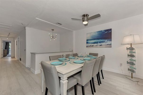 Dining room, Interior, Pendant Lights, Wood Texture Flooring