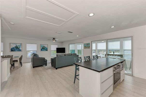 Dining room, Interior, Living room, Recessed Lighting, Wood Texture Flooring