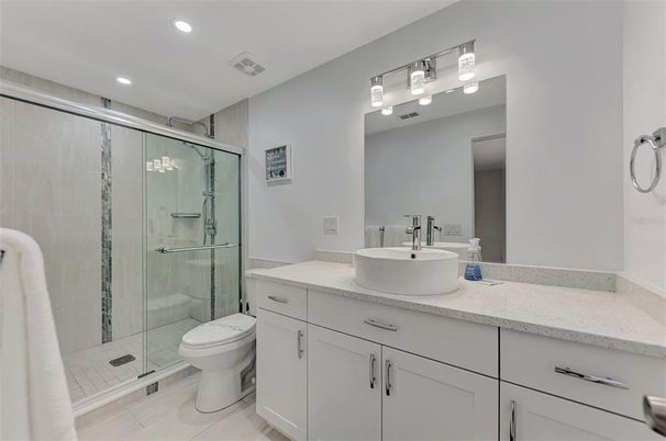 Bathroom, Dual Sink Vanities, Glass Shower, Interior, Recessed Lighting