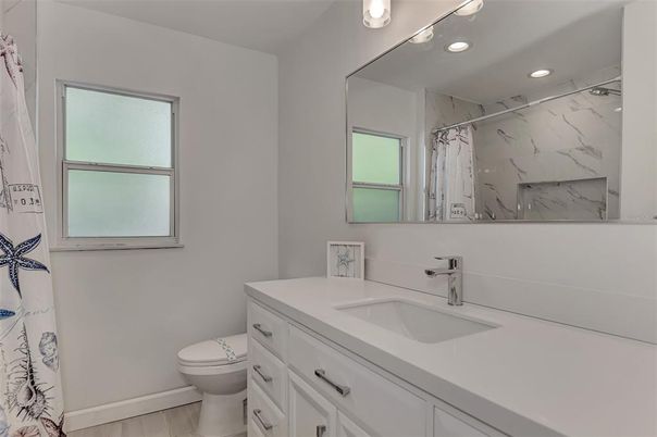 Bathroom, Interior, Marble Walls, Recessed Lighting, Wood Texture Flooring