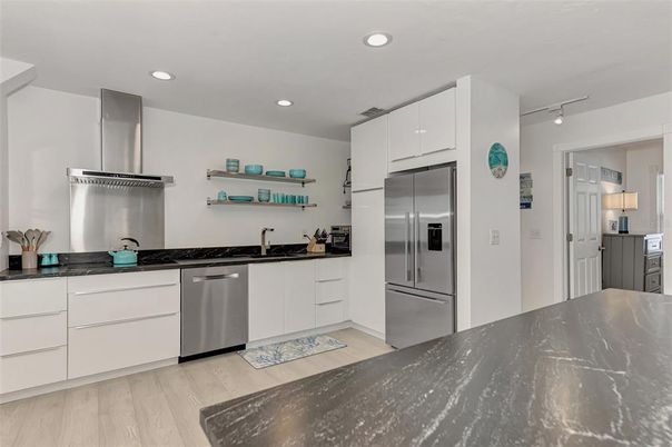 Interior, Kitchen, Recessed Lighting, Stainless Steel Appliances, Wood Texture Flooring
