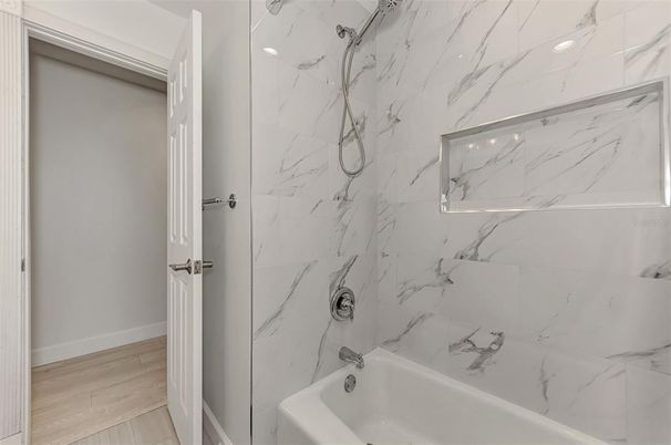 Bathroom, Interior, Marble Walls, Wood Texture Flooring