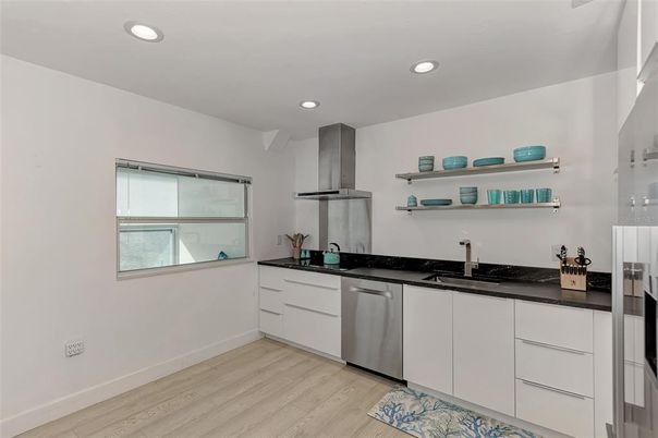 Interior, Kitchen, Recessed Lighting, Stainless Steel Appliances, Wood Texture Flooring