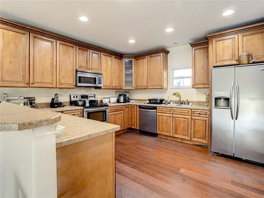 Interior, Kitchen, Recessed Lighting, Stainless Steel Appliances, Wood Texture Flooring