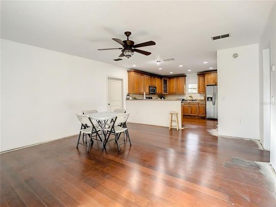 Dining room, Interior, Kitchen, Recessed Lighting, Wood Texture Flooring