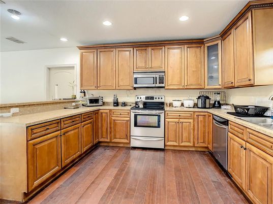 Interior, Kitchen, Recessed Lighting, Stainless Steel Appliances, Wood Texture Flooring