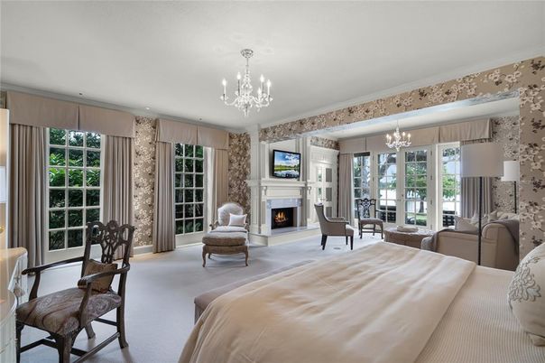Bedroom, Chandelier, Fireplace, Interior