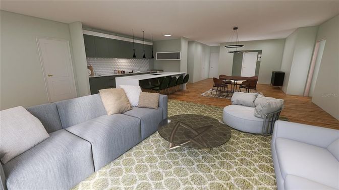 Dining room, Interior, Kitchen, Living room, Pendant Lights, Recessed Lighting, Wood Texture Flooring