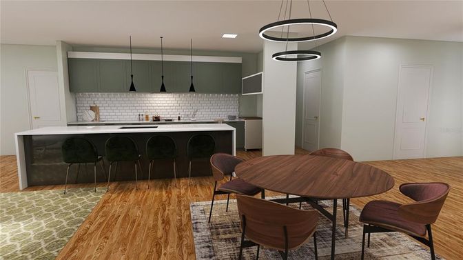 Dining room, Interior, Kitchen, Pendant Lights, Recessed Lighting, Stainless Steel Appliances, Wood Texture Flooring