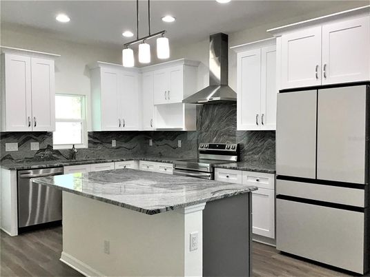 Interior, Kitchen, Pendant Lights, Recessed Lighting, Stainless Steel Appliances, Wood Texture Flooring