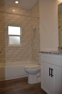Bathroom, Glass Shower, Interior, Recessed Lighting, Wood Texture Flooring