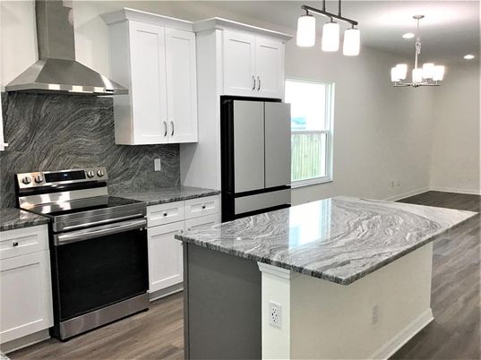 Chandelier, Interior, Kitchen, Pendant Lights, Recessed Lighting, Stainless Steel Appliances, Wood Texture Flooring