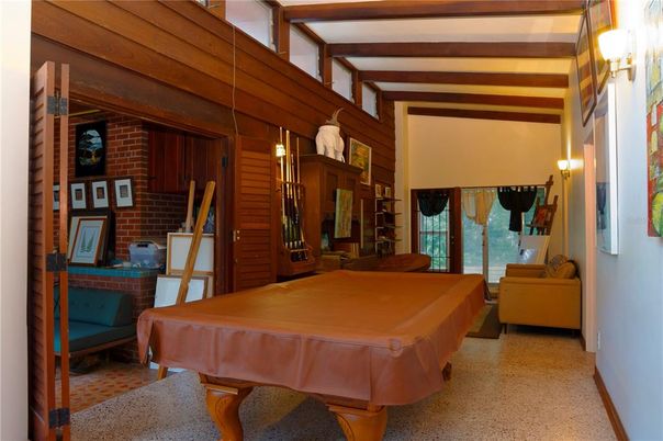 Billiard Table, Game Room, Interior, Stone Walls, Wooden Beams, Wooden Walls