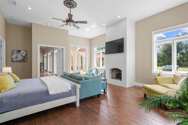 Bedroom, Fireplace, Interior, Recessed Lighting, Wood Texture Flooring