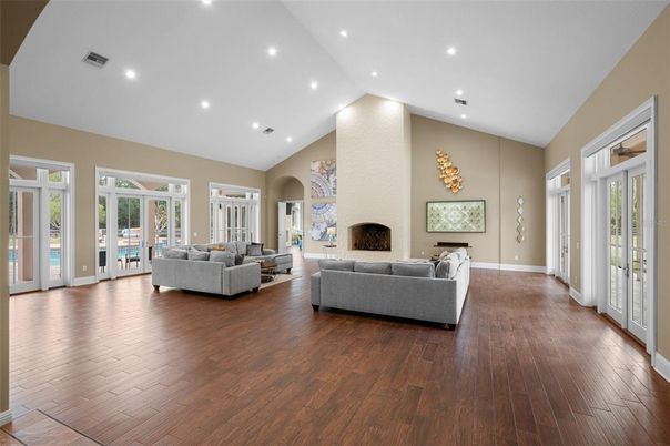 Fireplace, Interior, Living room, Recessed Lighting, Wood Texture Flooring