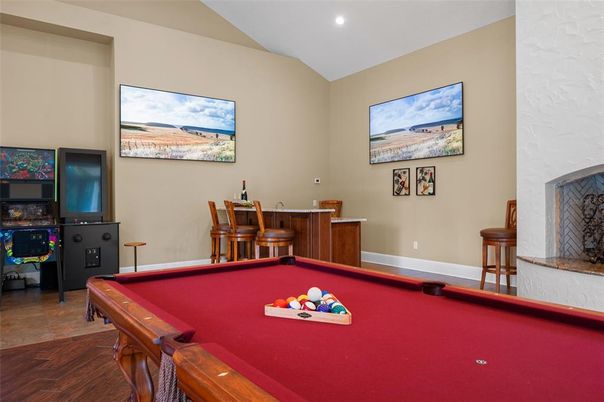 Billiard Table, Game Room, Interior, Recessed Lighting, Wood Texture Flooring