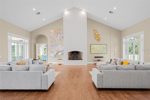 Fireplace, Interior, Living room, Recessed Lighting, Wood Texture Flooring