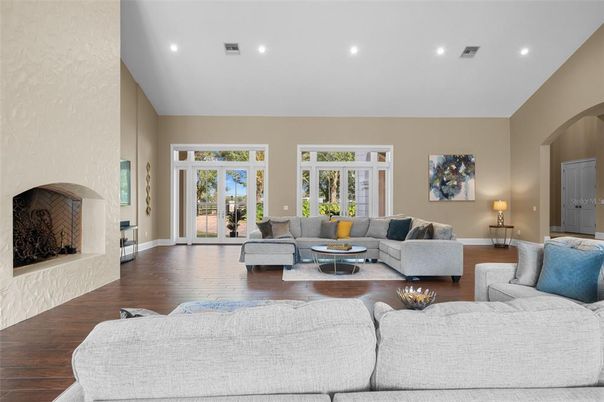 Fireplace, Interior, Living room, Recessed Lighting, Wood Texture Flooring