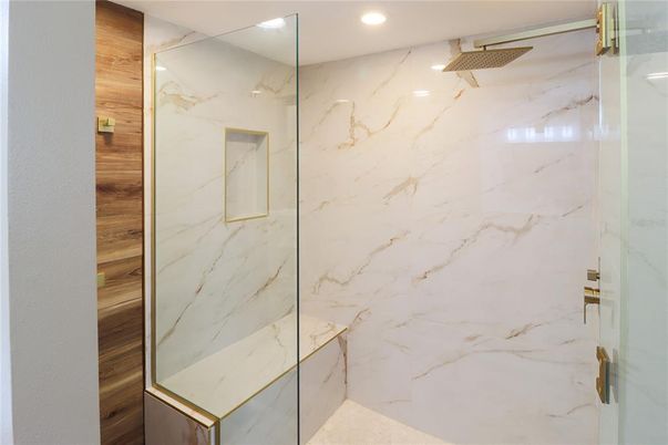 Bathroom, Glass Shower, Interior, Marble Walls, Recessed Lighting
