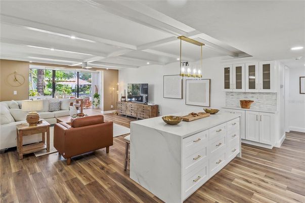 Interior, Kitchen, Living room, Pendant Lights, Recessed Lighting, Wood Texture Flooring