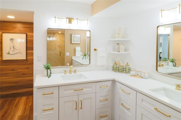 Bathroom, Dual Sink Vanities, Interior, Recessed Lighting, Wood Texture Flooring