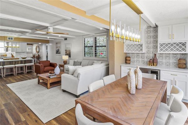 Dining room, Interior, Kitchen, Living room, Pendant Lights, Wood Texture Flooring