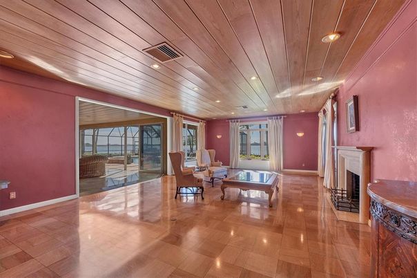 Dining room, Fireplace, Interior, Living room, Recessed Lighting, Wooden Ceilings, Wood Texture Flooring