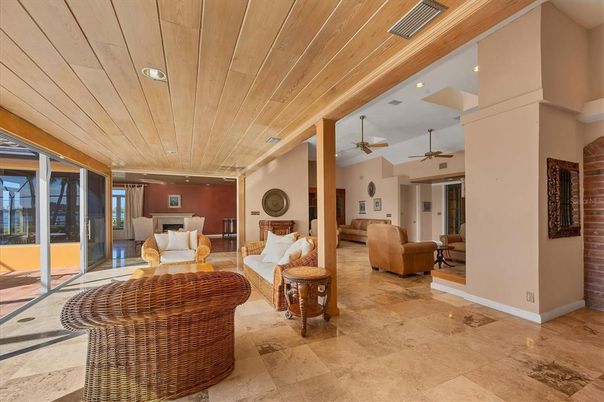 Fireplace, Interior, Living room, Recessed Lighting, Wooden Ceilings