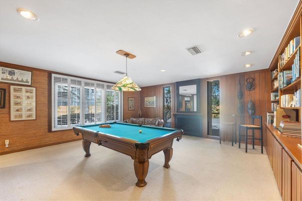 Billiard Table, Game Room, Interior, Pendant Lights, Recessed Lighting, Wooden Walls