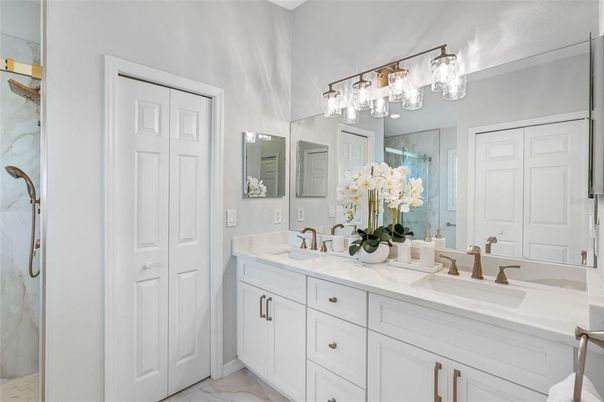 Bathroom, Dual Sink Vanities, Glass Shower, Interior, Marble