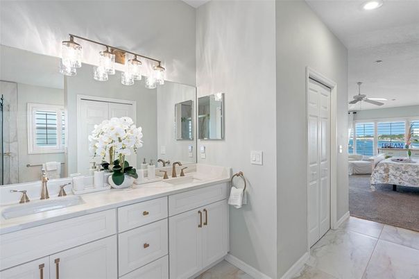 Bathroom, Bedroom, Dual Sink Vanities, Interior, Marble, Recessed Lighting