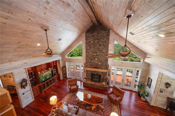 Fireplace, Interior, Living room, Recessed Lighting, Stone Walls, Wooden Beams, Wooden Ceilings, Wood Texture Flooring