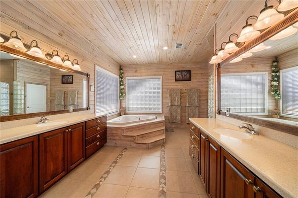 Bathroom, Dual Sink Vanities, Interior, Recessed Lighting, Wooden Ceilings, Wooden Walls