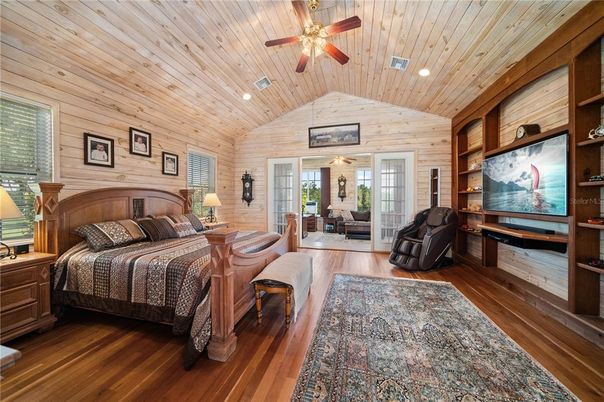 Bedroom, Interior, Recessed Lighting, Wooden Ceilings, Wood Texture Flooring, Wooden Walls