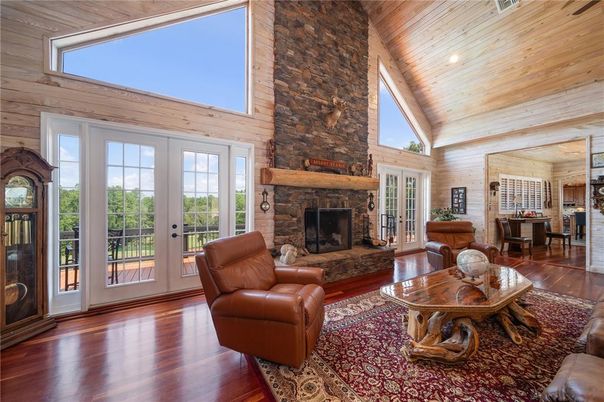 Fireplace, Interior, Living room, Recessed Lighting, Stone Walls, Wooden Ceilings, Wood Texture Flooring, Wooden Walls