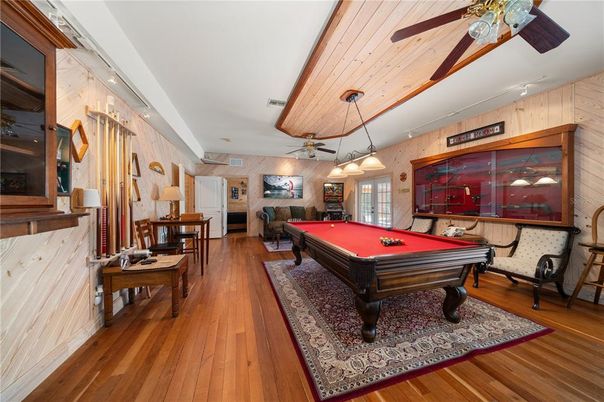 Billiard Table, Game Room, Interior, Pendant Lights, Wood Texture Flooring, Wooden Walls